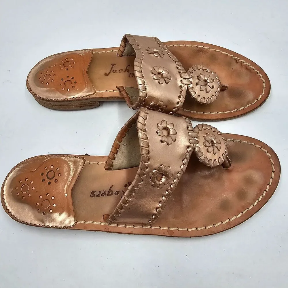 Jack Rogers Jacks Metallic Rose Gold Leather Round Medallion Sandals Womens 7